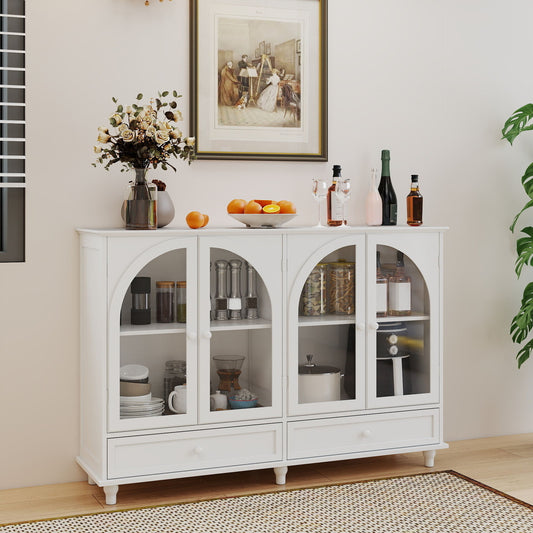 White Arched Glass Sideboard Buffet Cabinet, 2 Drawers & 4 Glass Doors Storage Credenza, Display Cabinet With Adjustable Shelves, Modern Kitchen Cupboard For Dining Room Living Room Entryway