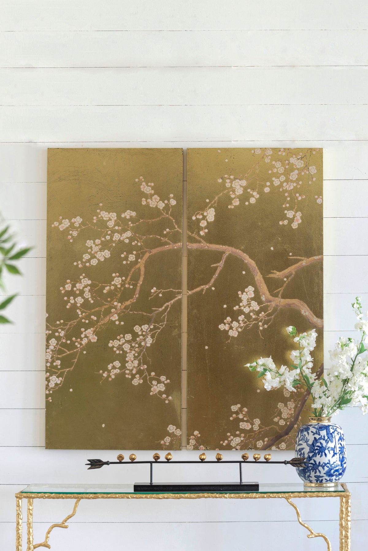 Paneles de arte mural con diseño de flor de cerezo, decoración para sala de estar, comedor, oficina y dormitorio (juego de 2) - Dorado
