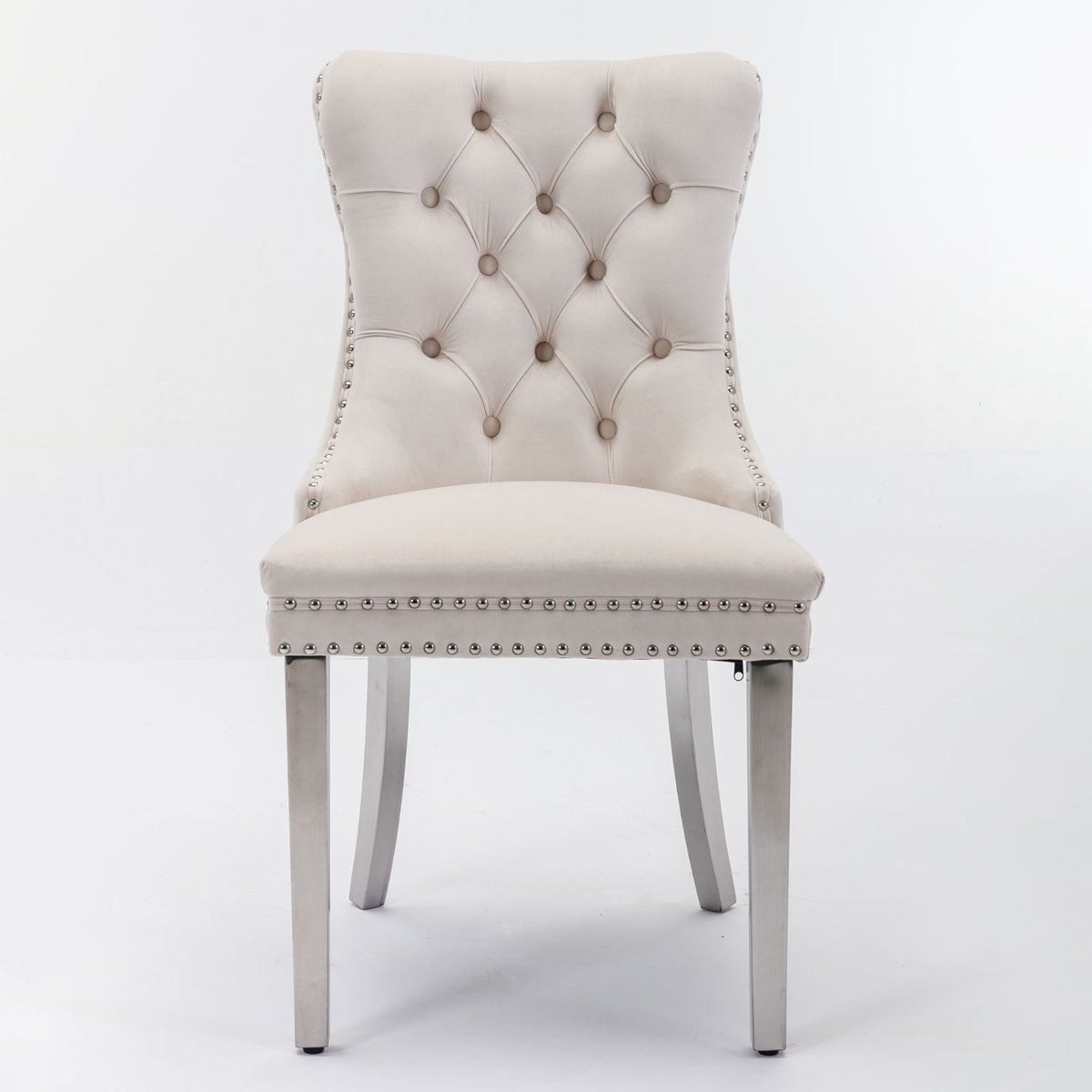 Nikki - Silla de comedor moderna y de alta gama, de madera maciza capitoné, tapizada en terciopelo, con patas de acero inoxidable cromado y ribete de tachuelas (juego de 2)