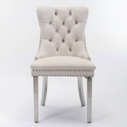 Nikki - Silla de comedor moderna y de alta gama, de madera maciza capitoné, tapizada en terciopelo, con patas de acero inoxidable cromado y ribete de tachuelas (juego de 2)