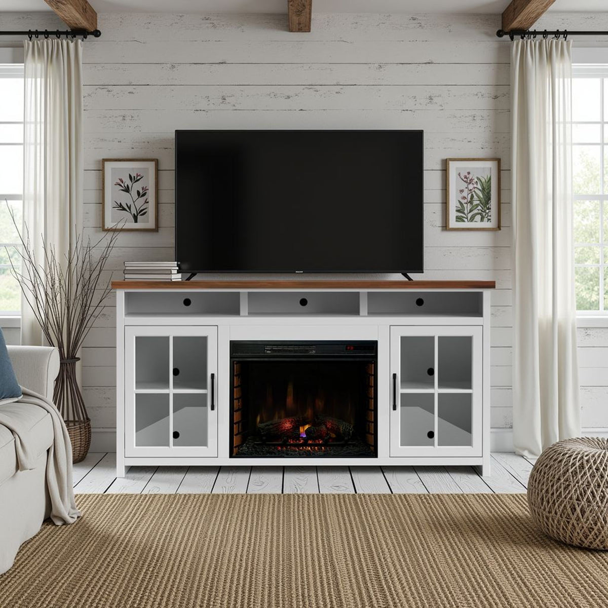 Fireplace TV Stand Console & Fixed Shelves