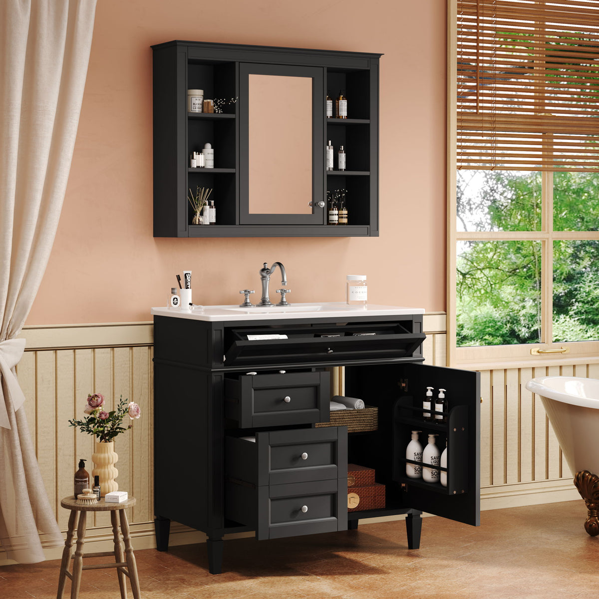 Bathroom Vanity With Mirror Cabinet, Single Sink With 2 Soft Closing Doors And 4 Drawers