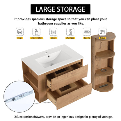 Modern Wall Mounted Bathroom Vanity With Ceramic Sink And Storage Rack, 2 Soft Close Drawers