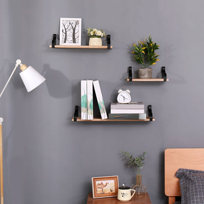 Floating Shelves, Long Wall Shelves (Set of 3), Wall Mounted Shelves & Brackets For Bedroom - Natural Wood