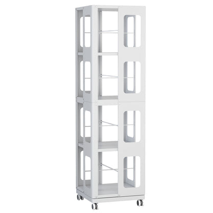 4 Tier All Steel Rotating Bookshelf With 360° Wheels, Large Size Sturdy & Spacious Book Rack, New Style Bookshelf - White