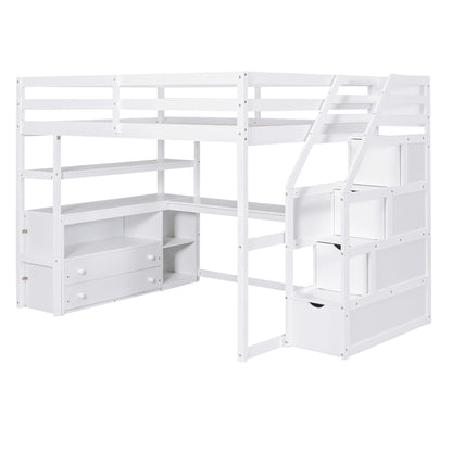 Loft Bed With Desk, Shelves, 2 Drawers, Storage Staircase
