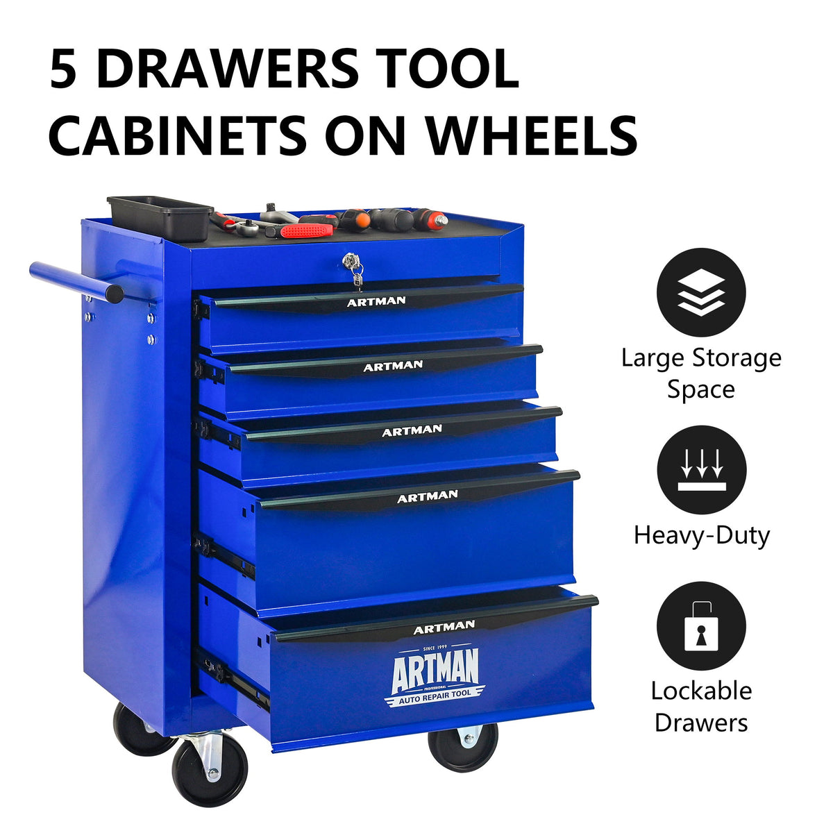 Rolling Metal Tool Chest With Drawers, Steel Storage Cabinet With Ball Bearing Slides