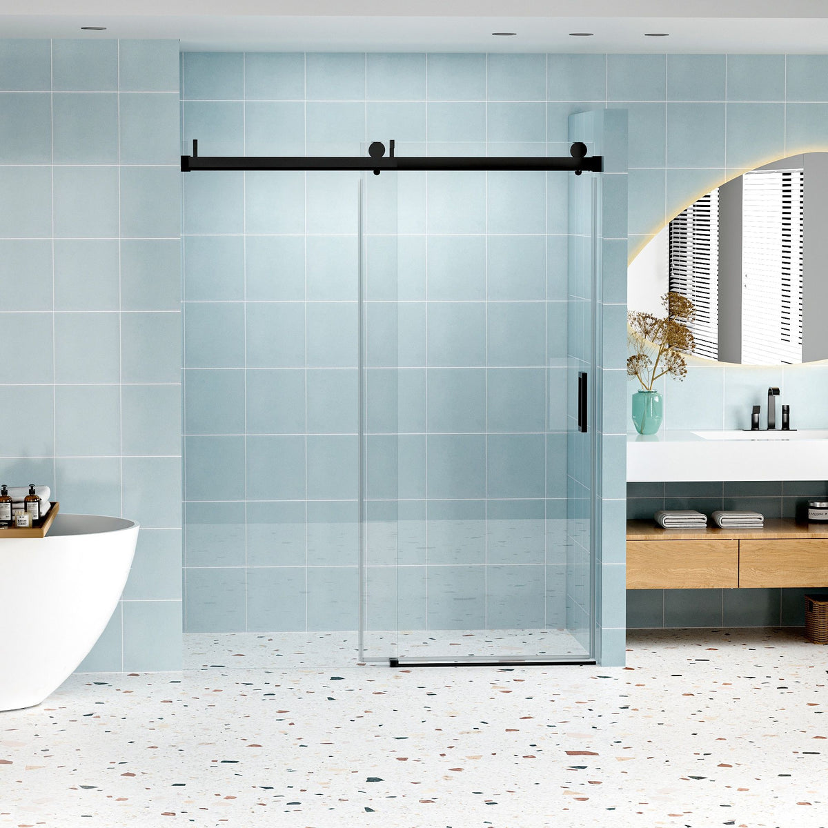 Frameless Soft Closing Shower Door, 1 / 4" (6Mm) Tempered Glass Single Sliding With Explosion Proof Coating - Matte Black