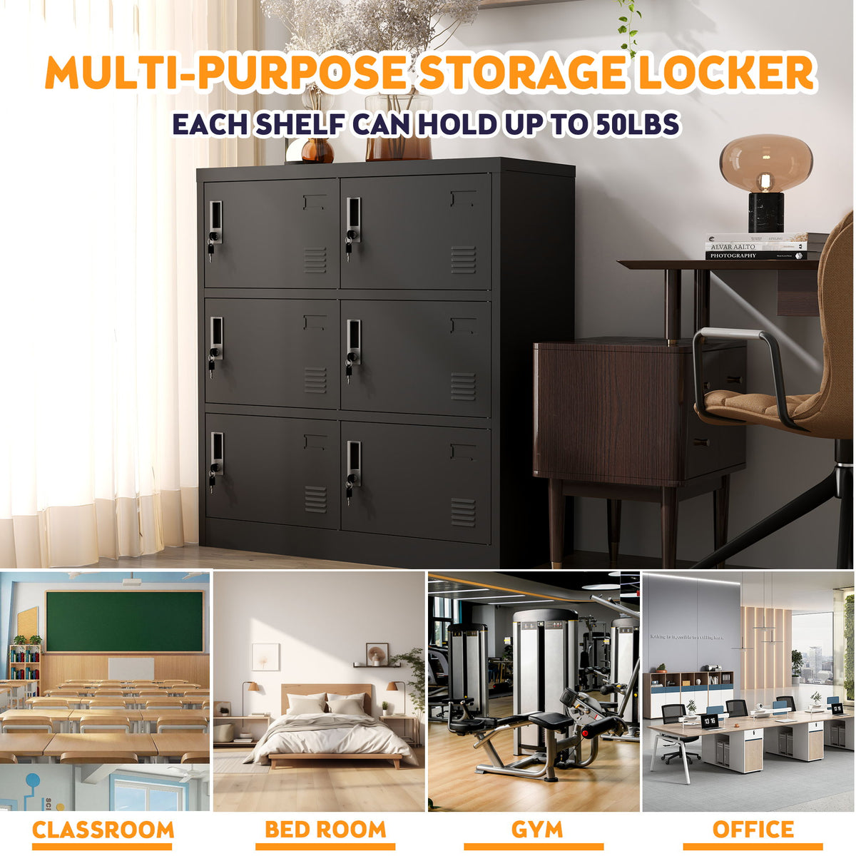 6 Door Employee Storage Locker, Lockers For Office, Gym, School, And Home With Card Slot - Black