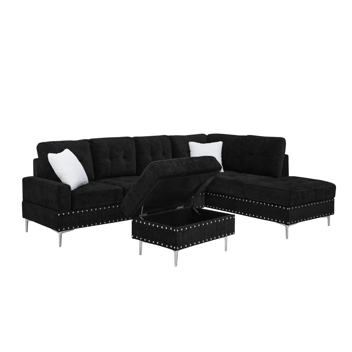 L-Shaped Sectional Sofa With Chaise And Storage Ottoman, Includes 2 Pillows