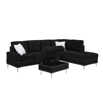L-Shaped Sectional Sofa With Chaise And Storage Ottoman, Includes 2 Pillows