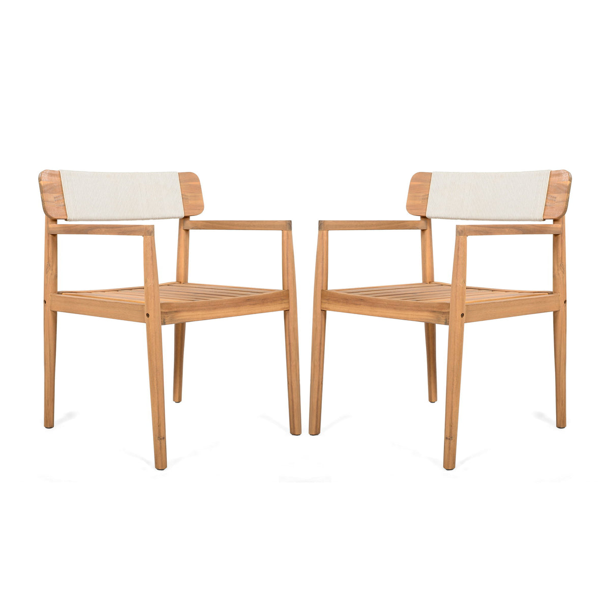 Creative Braided Acacia Wood Outdoor Dining Table And Chairs With Armrests (Set of 2) - Teak / White