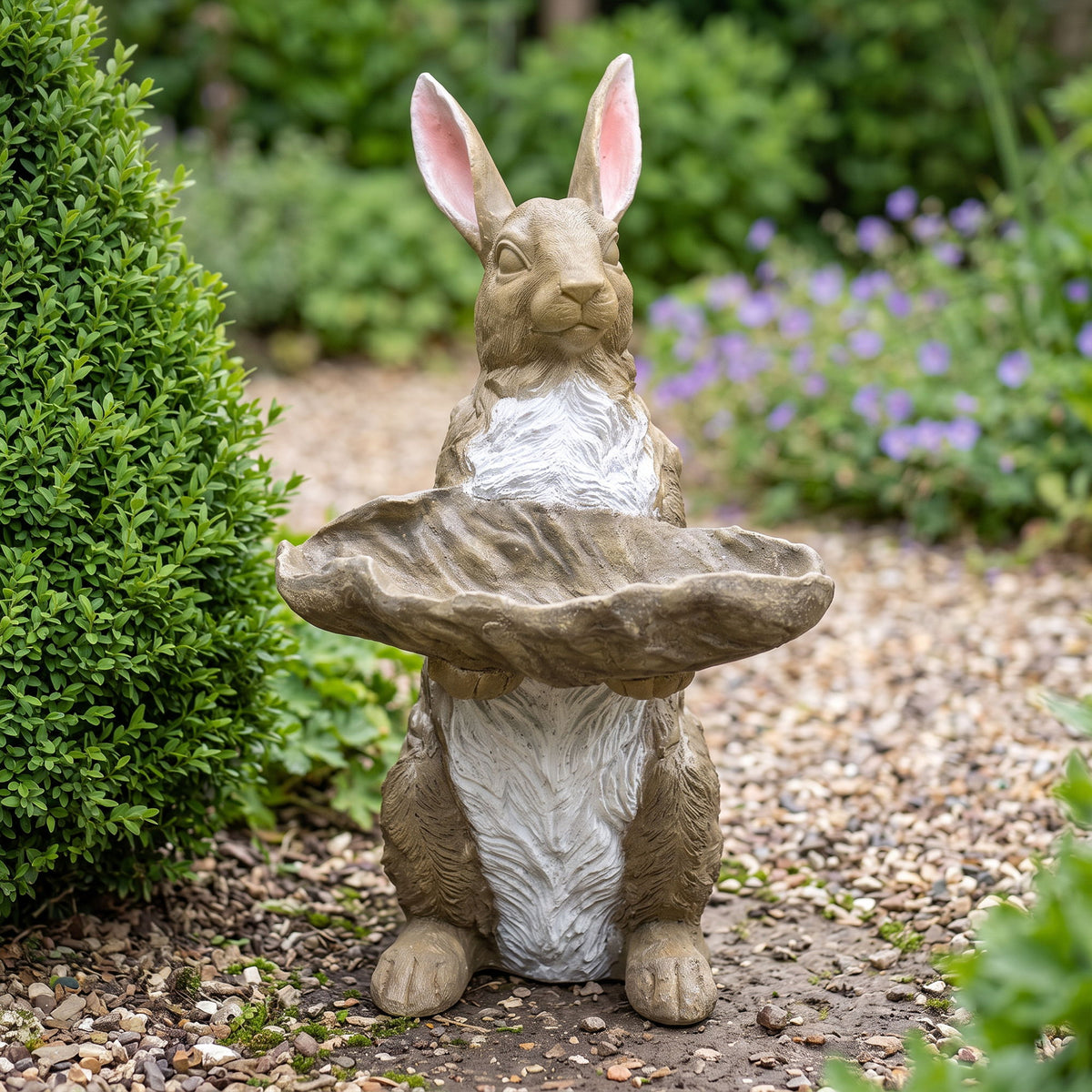 Bunny Statue Garden Ornament - Antique Brown / White