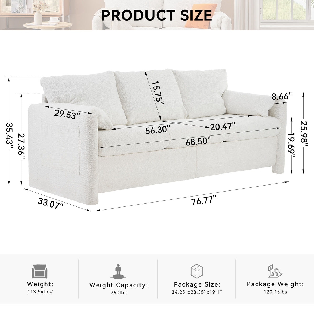 Modern 3 Seater Sofa Chenille Couch Plush Triple Seater Sofa With High Density Foam Cushions, Deep Seat Living Room Couch For Family Room, Apartment & Home Theater - Ivory White