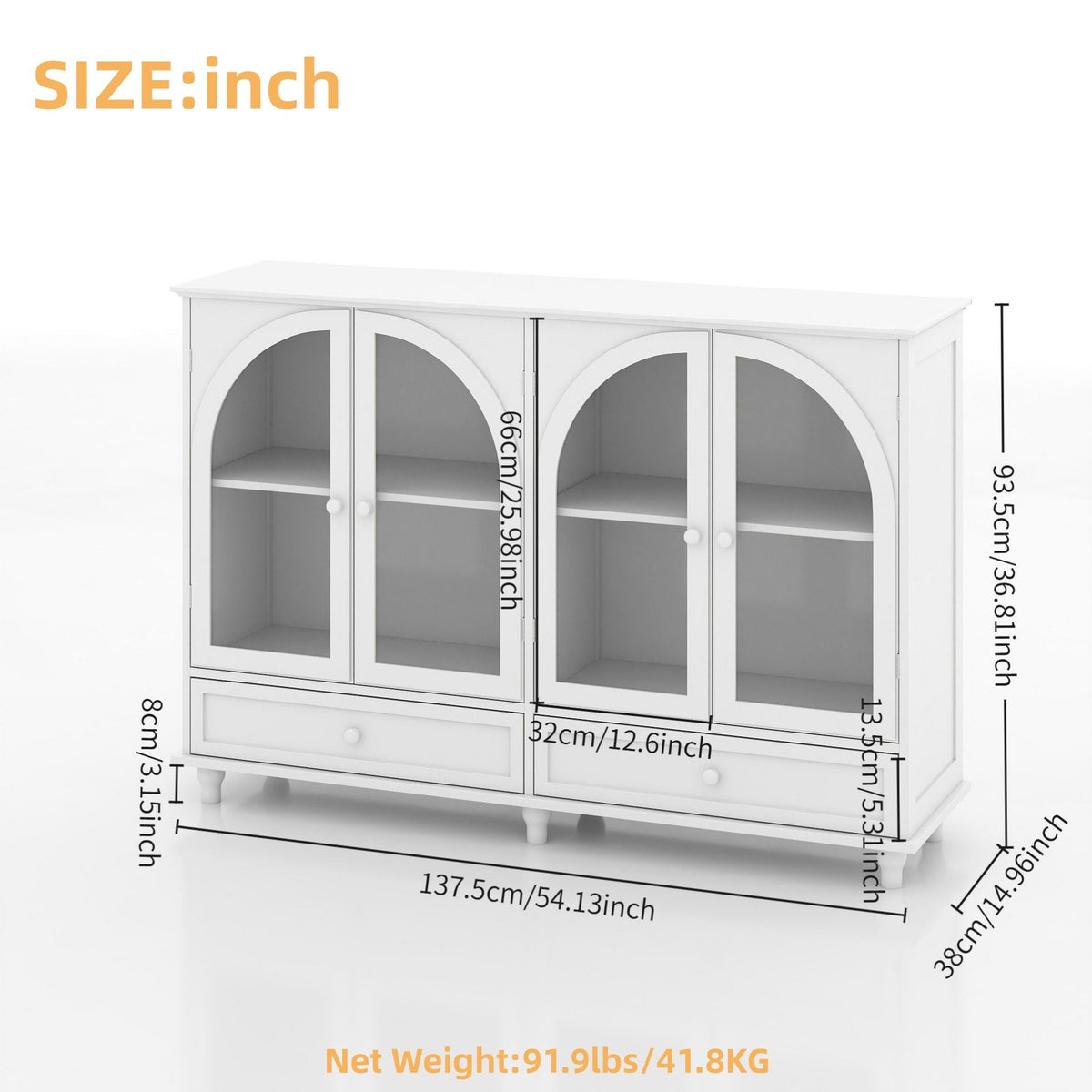 White Arched Glass Sideboard Buffet Cabinet, 2 Drawers & 4 Glass Doors Storage Credenza, Display Cabinet With Adjustable Shelves, Modern Kitchen Cupboard For Dining Room Living Room Entryway