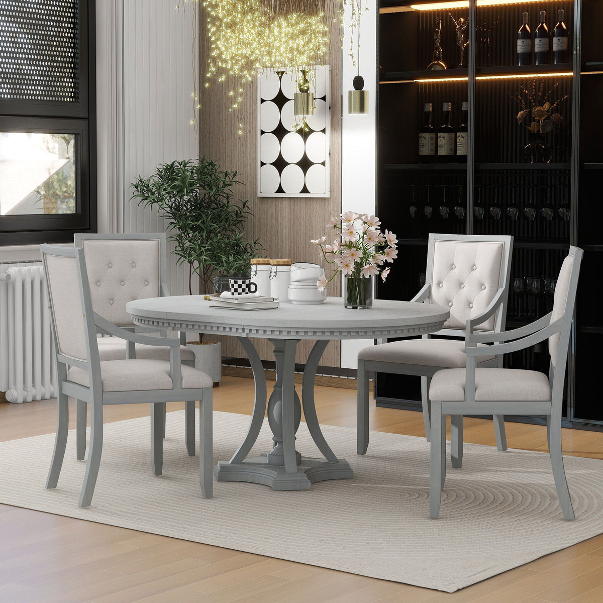 Trexm Retro 5-Piece Dining Set Extendable Round Table And 4 Chairs For Kitchen Dining Room (Antique Gray Oak)