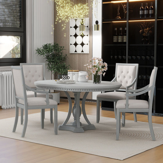 Trexm Retro 5-Piece Dining Set Extendable Round Table And 4 Chairs For Kitchen Dining Room (Antique Gray Oak)